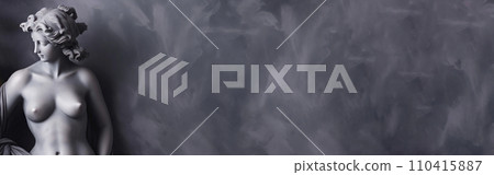 Antique bust of woman on grey marble background with pink and white flowers. feminine beauty. Banner 110415887