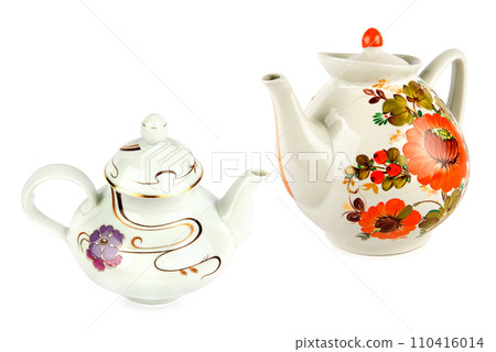 porcelain teapots isolated on a white background. Collage. Free space for text. porcelain teapots isolated on a white background. Collage. Free space for text. 110416014
