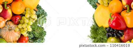 Vegetables and fruits isolated on white. Collage. Free space for text. Wide photo. Vegetables and fruits isolated on white. Collage. Free space for text. Wide photo. 110416019