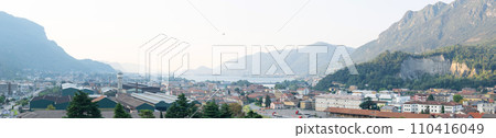 Panoramic view of cityscape Lecco, beautiful view to the city in the mountain valley Panoramic view of cityscape Lecco, beautiful view to the city in the mountain valley 110416049