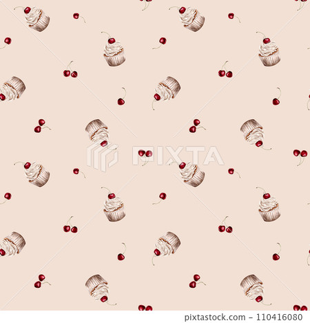 Seamless pattern watercolor sweets cupcake with cherry. Design holidays or wedding pastel colors. Watercolor hand drawing illustration on isolated white background for birthday or Valentines day 110416080