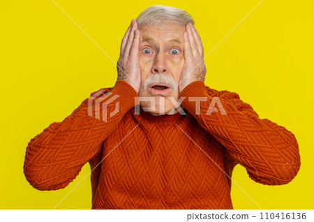 Excited amazed man surprise looking at camera with big eyes, shocked by sudden victory wow emotion Excited amazed man surprise looking at camera with big eyes, shocked by sudden victory wow emotion 110416136