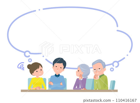 一對夫婦和他們的父母擔心的場景。 一對夫婦和他們的父母擔心的場景。 110416167