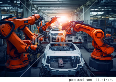 Robots in workshop of automobile plant. Automotive robotic factory. Robots in workshop of automobile plant. Automotive robotic factory. 110416479