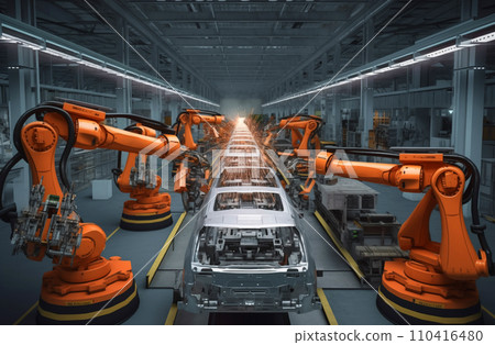 Robots in workshop of automobile plant. Automotive robotic factory. 110416480