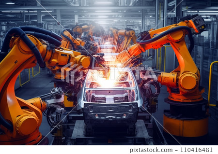 Robots in workshop of automobile plant. Automotive robotic factory. 110416481