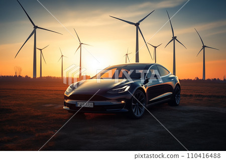 Electric Car in field with Wind turbines. EV electric car in Eolic park windpower. 110416488