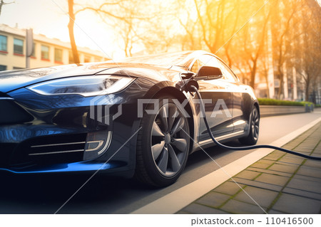 Electric Car on Charging. Charge an Electric Car. Powered car charging station. 110416500