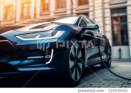 Electric Car on Charging. Charge an Electric Car. Powered car charging station. 110416501