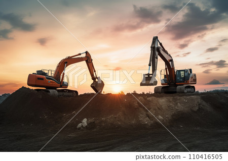 Excavator on earthmoving at open pit mining on sunset. 110416505