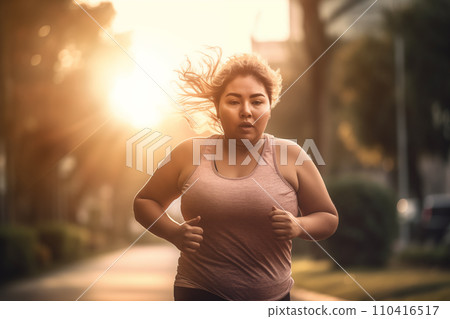 Fat woman on morning running in park. Fat girl with big belly on jogging for weight loss. 110416517