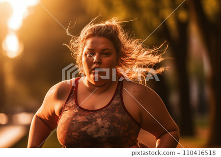 Fat woman on morning running in park. Fat girl with big belly on jogging for weight loss. Fat woman on morning running in park. Fat girl with big belly on jogging for weight loss. 110416518