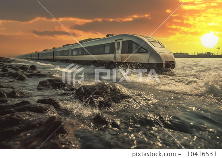 Train during a flood in heavy rain. Incident with a passenger train falling into the sea. Train during a flood in heavy rain. Incident with a passenger train falling into the sea. 110416531