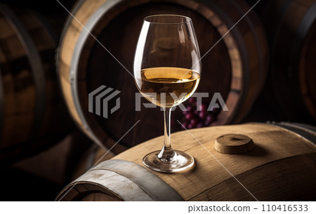 Wine Glass with Chardonnay Grapevine tasting. Vini Degustation in wine cellar with Wine barrels.  110416533