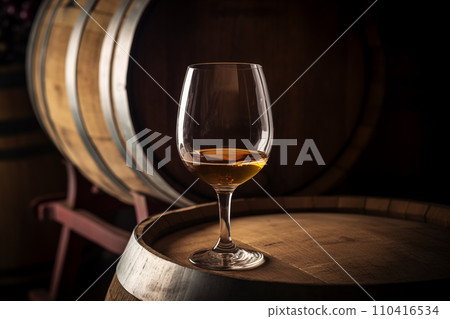 Wine Glass with Chardonnay Grapevine tasting. Vini Degustation in wine cellar with Wine barrels.  110416534