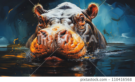Oil painting portrait of an adult hippopotamus Oil painting portrait of an adult hippopotamus 110416568