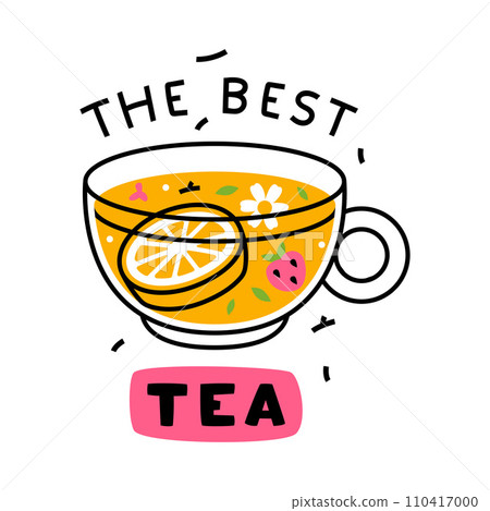 Best Tea Inscription with Cup and Aromatic Tea Brewing Vector Template 110417000