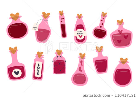 Love magic potion glass jars set isolated on white Love magic potion glass jars set isolated on white 110417151