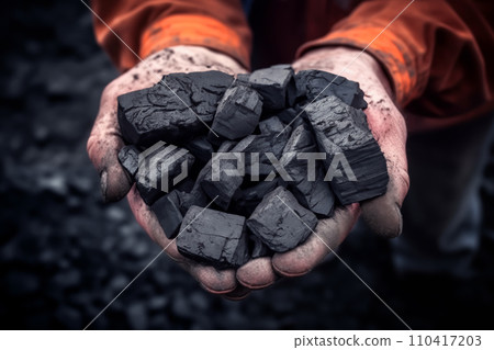 Coal mining in mine. Coal in hands of miner worker. Metallurgical coal for steel. Coal mining in mine. Coal in hands of miner worker. Metallurgical coal for steel. 110417203