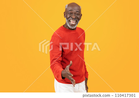Welcoming senior african american man make handshake and smiling widely Welcoming senior african american man make handshake and smiling widely 110417301