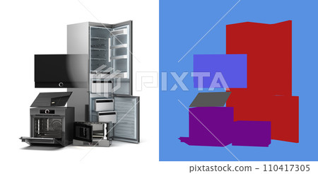 Modern open built in kitchen appliances set 3d render on white with alpha 110417305