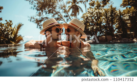 Gay couple relaxing in swimming pool. Gay couple relaxing in swimming pool. 110417352