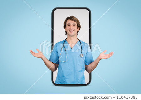Telehealth nurse with open arms on smartphone screen Telehealth nurse with open arms on smartphone screen 110417385