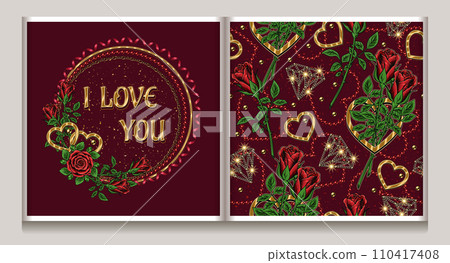 Valentines day seamless pattern, circular label with hearts, rose flowers, text. For wedding, engagement event, Valentines Day, gift decoration. Vintage style Valentines day seamless pattern, circular label with hearts, rose flowers, text. For wedding, engagement event, Valentines Day, gift decoration. Vintage style 110417408