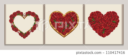 Heart shaped design elements with red roses, beads, golden frame on white background. Holiday decoration for Happy Valentines day, Save the date greeting card, wedding, engagement event. 110417416