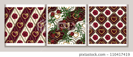 Valentines day seamless geometric patterns with romantic symbols, gold chains, heart, roses. Classic grid ornament. For wedding, engagement event, gift decoration in vintage style 110417419