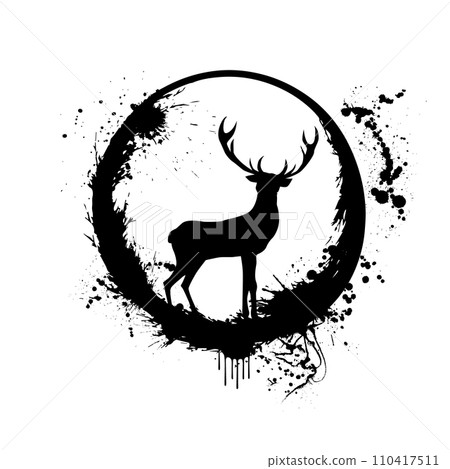 Deer head black logo in a circle. hand drawing. Not AI, Vector illustration 110417511