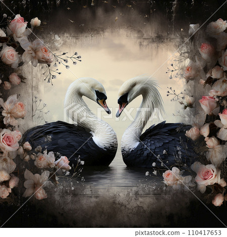 Black and white swans in the shape of a heart on a black background with red roses, love background, vintage retro postcard style Black and white swans in the shape of a heart on a black background with red roses, love background, vintage retro postcard style 110417653
