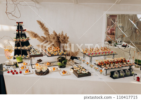 Assortment of delicious snacks on the open buffet festive table in restaurant. Catering plate 110417715