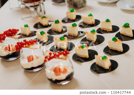 Dessert buffet with delicious sweet bakery and coffee-snack with stylish banks of lemonade and tea 110417744