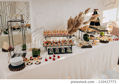 Assortment of delicious snacks on the open buffet festive table in restaurant. Catering plate 110417773