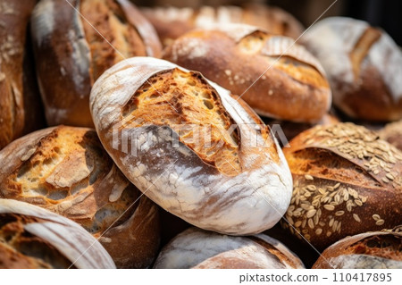Freshly baked handmade sourdough bread with golden crust, bakery concept. Baker shop 110417895