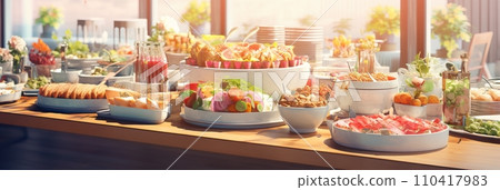 Catering buffet in a restaurant, festive catering, a variety of dishes in containers on the table, banner 110417983