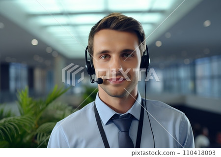 Smiling European man with headphones and microphone in call center 110418003