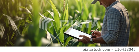 A male agronomist farmer with a digital tablet in the hands studies the quality of corn crop, modern technologies in agroindustry, banner 110418045