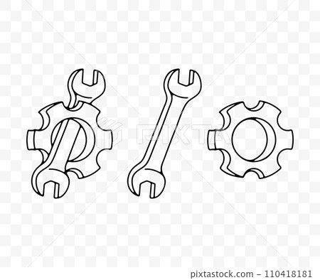 Gear, cogwheel, gear wheel, wrench and spanner, linear graphic design. Repair shop, workshop, auto repair shop and car service, vector design and illustration Gear, cogwheel, gear wheel, wrench and spanner, linear graphic design. Repair shop, workshop, auto repair shop and car service, vector design and illustration 110418181