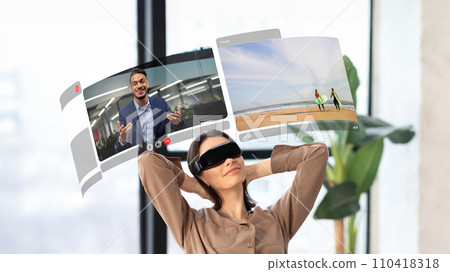 Young woman experiences the magic of VR-enhanced video conversations, feeling relaxed at workplace at home Young woman experiences the magic of VR-enhanced video conversations, feeling relaxed at workplace at home 110418318
