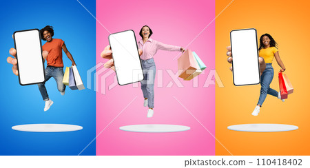 Online Store. Multiethnic People Holding Shopping Bags Jumping With Big Blank Smartphone 110418402