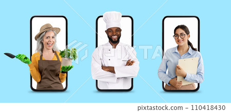 Group of cheerful workers from different jobs displayed on smartphone screens 110418430