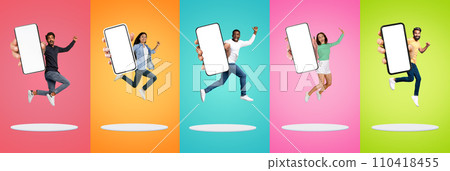 Amazing Offer. Group Of Diverse People Jumping With Blank Smartphone In Hands Amazing Offer. Group Of Diverse People Jumping With Blank Smartphone In Hands 110418455