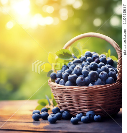 AI-generated content. Basket of blueberries in forest background with copy space, AI generated 110418657