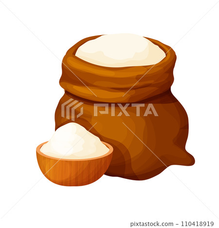 Sack with flour, wheat powder, open bag with wooden bowl in cartoon style farm harvest isolated on white background. Packaging Sack with flour, wheat powder, open bag with wooden bowl in cartoon style farm harvest isolated on white background. Packaging 110418919