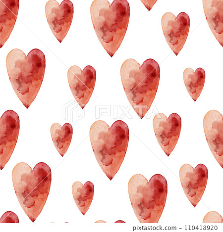 Seamless pattern with watercolor hearts. Hand-drawn illustration. 110418920