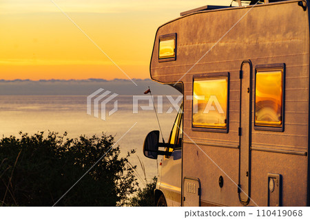Caravan on nature in the morning at sunrise Caravan on nature in the morning at sunrise 110419068