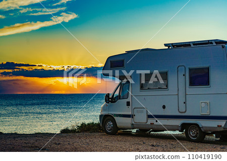 Caravan on nature in the morning at sunrise Caravan on nature in the morning at sunrise 110419190