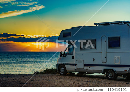 Caravan on nature in the morning at sunrise 110419191